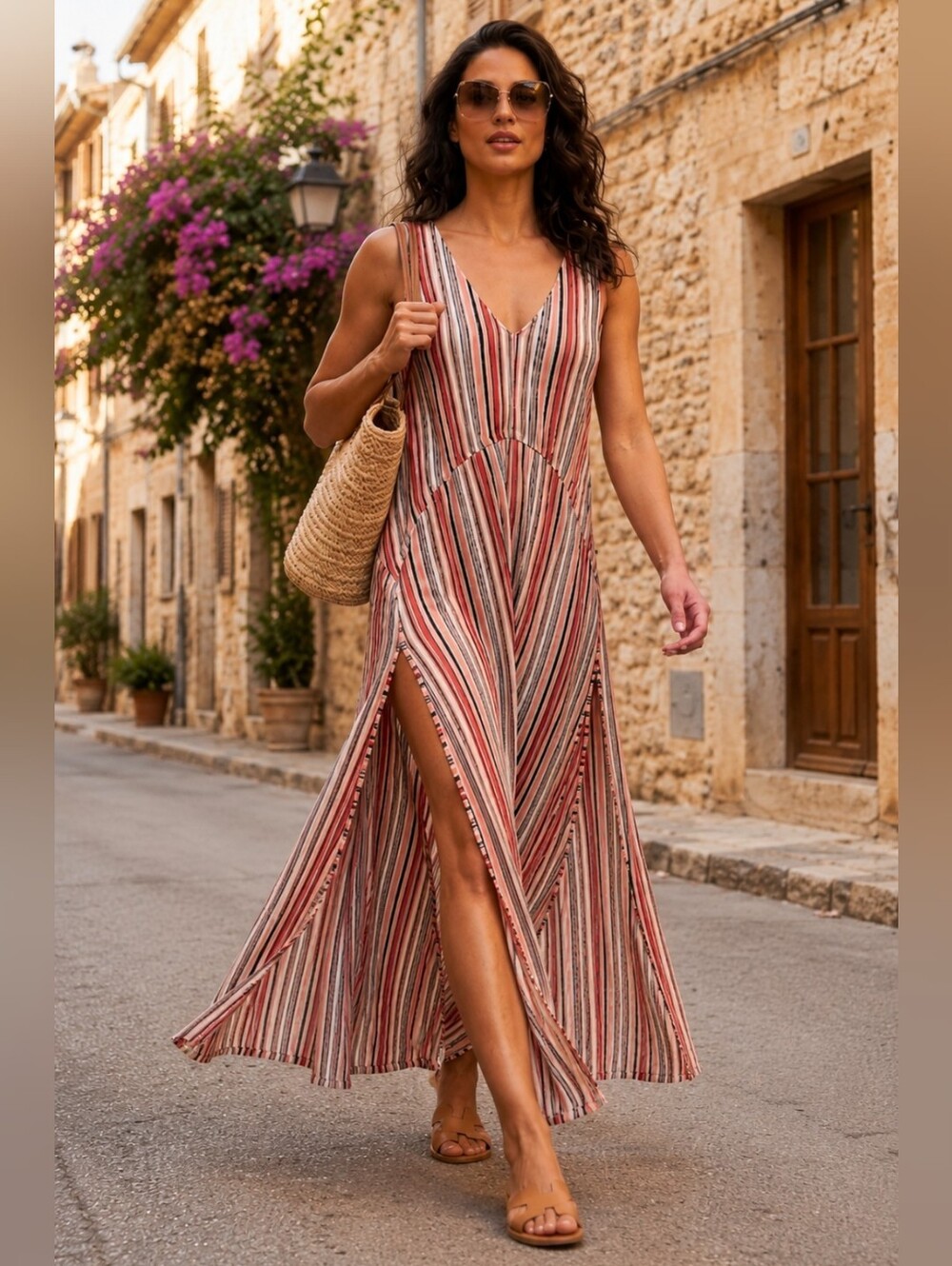 Zara Striped Maxi Dress in Red, White, Tan